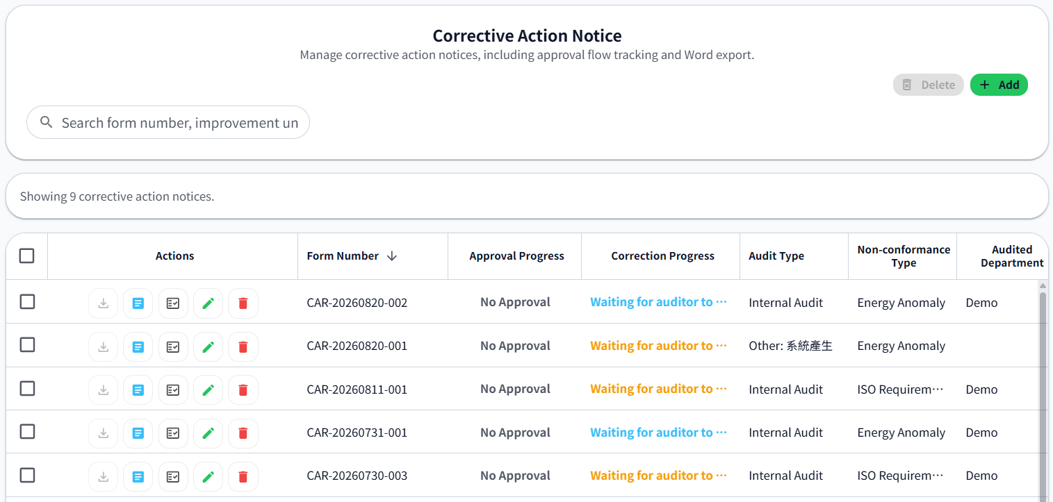 Corrective action tracking screen of ISO 50001 management module