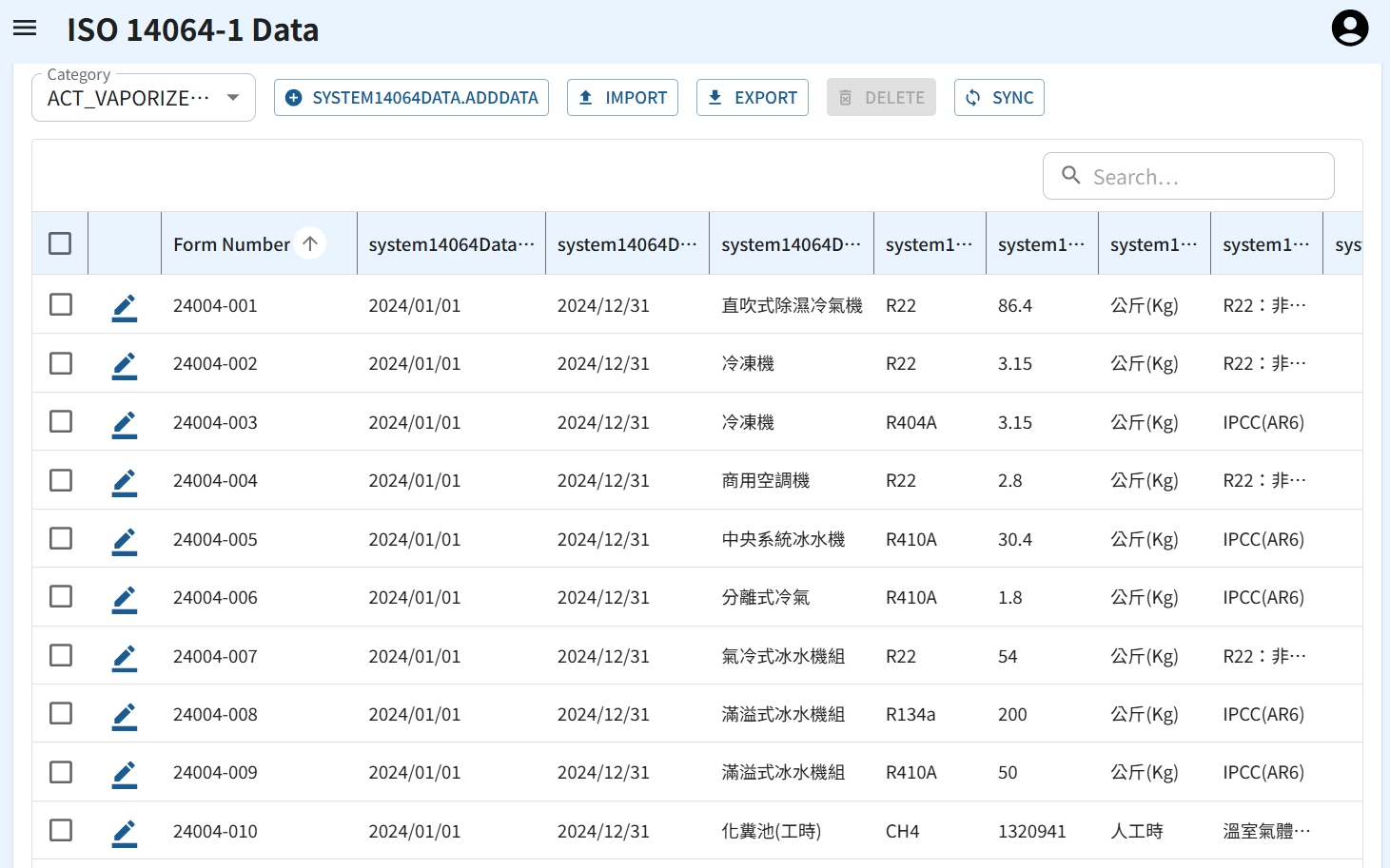 Organizational inventory data connection screen of product carbon footprint management module