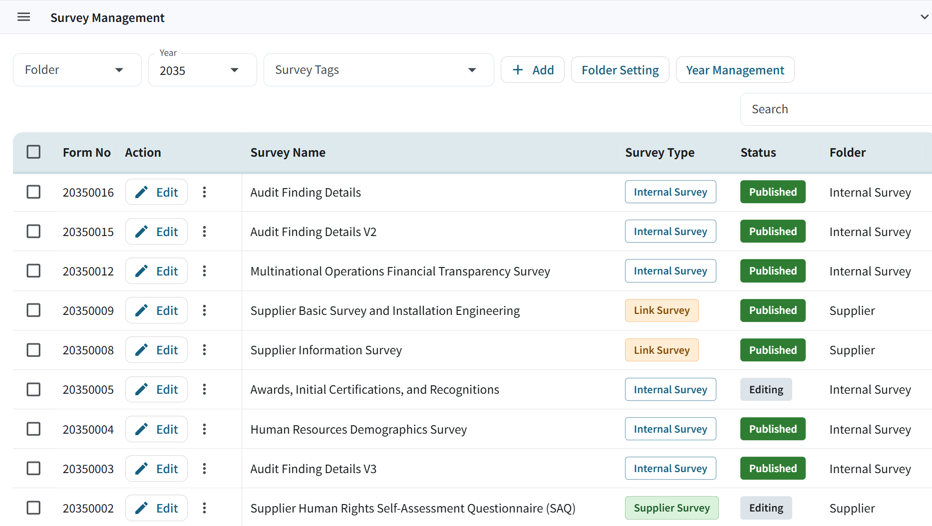 Centralized questionnaire management screen of sustainable performance management module