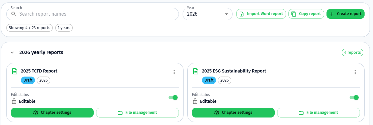 Annual report management screen of the sustainability report co-editing module