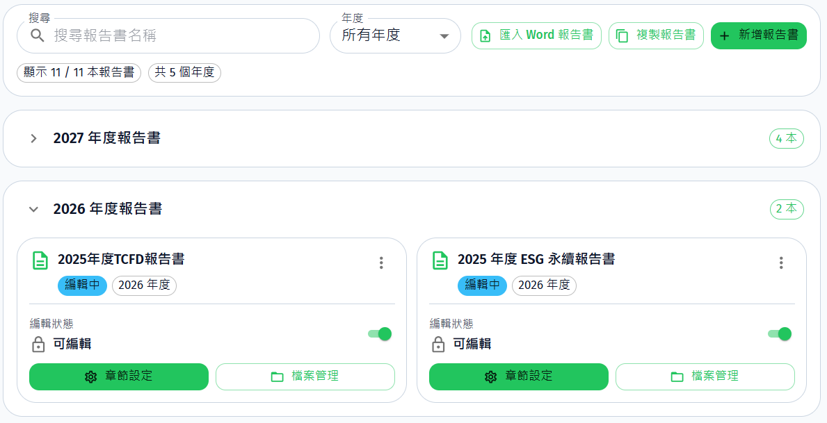 永續報告書共編模組的年度報告書管理畫面